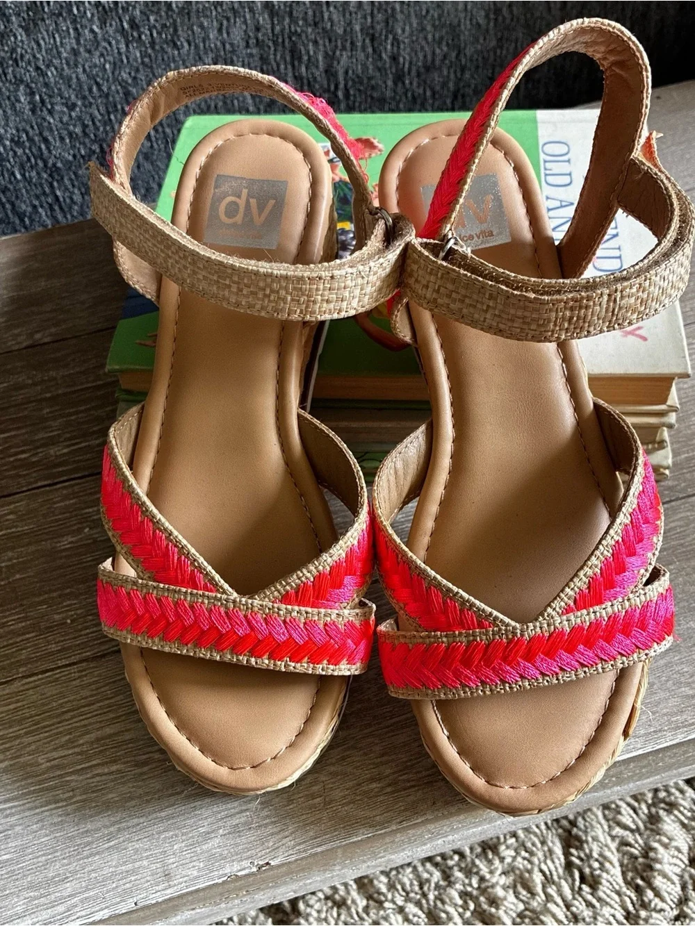 DV by Dolce Vita Girls Neon Pink and Tan Espadrille Wedge Sandals